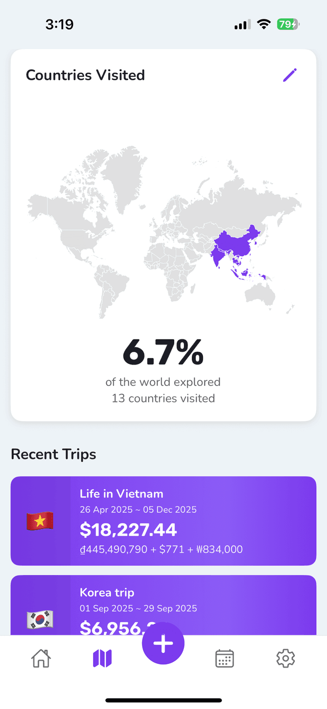 Trip map view with expense summaries